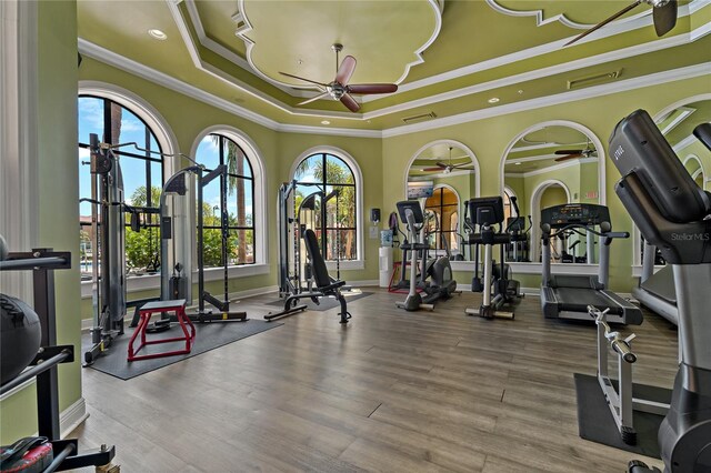 2773 Via Cipriani Unit 1310A, Clearwater, FL 33764 - gym with ceiling fan, a raised ceiling, crown molding, baseboards, and wood finished floors