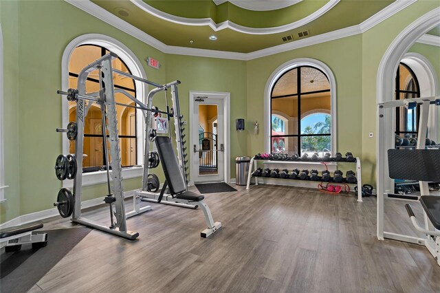 2773 Via Cipriani Unit 1310A, Clearwater, FL 33764 - exercise room with crown molding, wood finished floors, and a towering ceiling