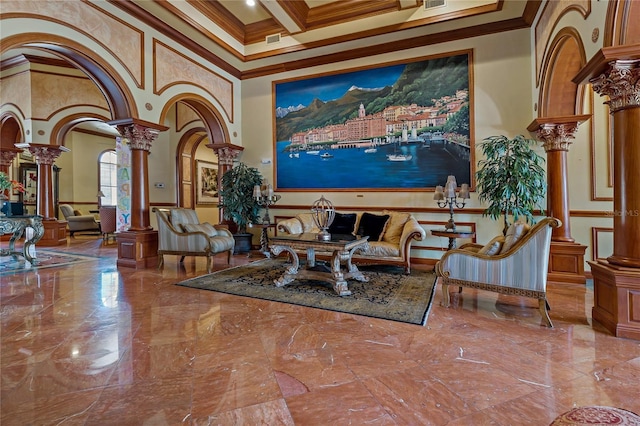 2773 Via Cipriani Unit 1310A, Clearwater, FL 33764 - lobby featuring a high ceiling, crown molding, coffered ceiling, and beam ceiling