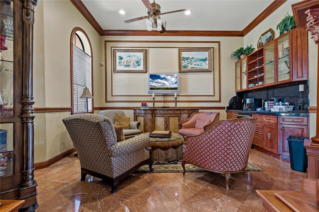 2773 Via Cipriani Unit 1310A, Clearwater, FL 33764 - sitting room featuring crown molding, ceiling fan, marble tiled flooring, and recessed lighting
