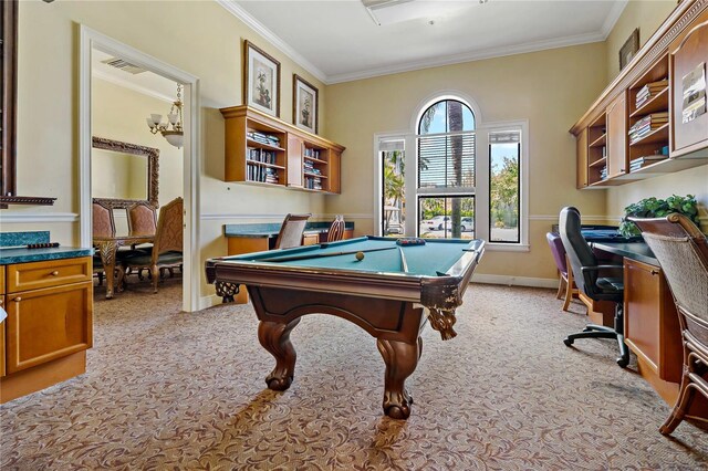 2773 Via Cipriani Unit 1310A, Clearwater, FL 33764 - recreation room featuring light colored carpet, crown molding, billiards, and baseboards