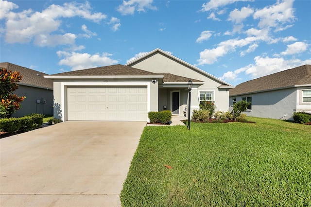 6050 Eagle Pointe Dr, Lakeland, FL 33812 - ranch-style house featuring stucco siding, an attached garage, a front lawn, and concrete driveway