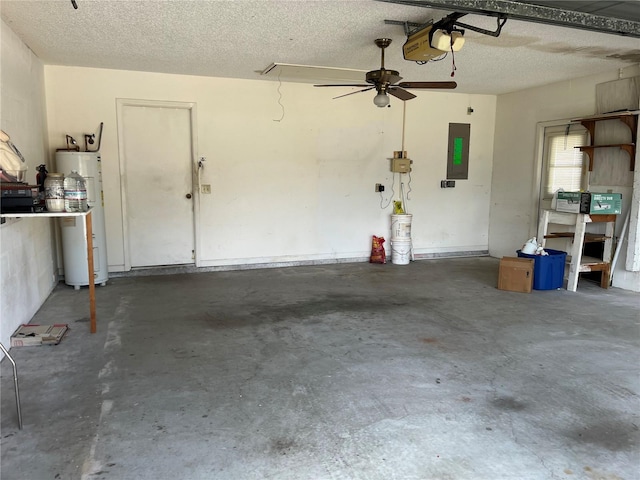 8130 Shalom Dr, Spring Hill, FL 34606 - garage featuring water heater, electric panel, a garage door opener, and a ceiling fan