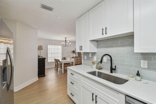 2742 Wilson Ct, Palm Harbor, FL 34684 - kitchen featuring a sink, stainless steel refrigerator with ice dispenser, backsplash, and light countertops