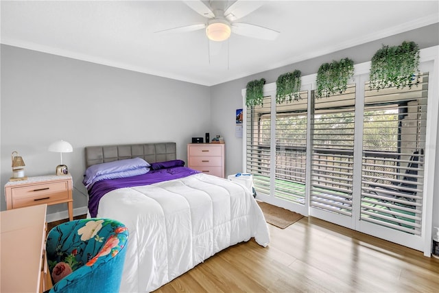 6309 Newtown Cir Unit 9B2, Tampa, FL 33615 - bedroom with crown molding, light wood finished floors, access to outside, and ceiling fan