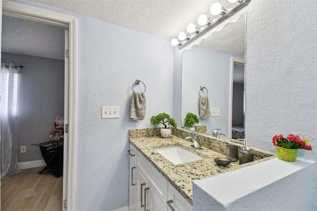 4017 Cedar Limb Ct, Tampa, FL 33614 - bathroom featuring a textured ceiling, vanity, a textured wall, wood finished floors, and baseboards