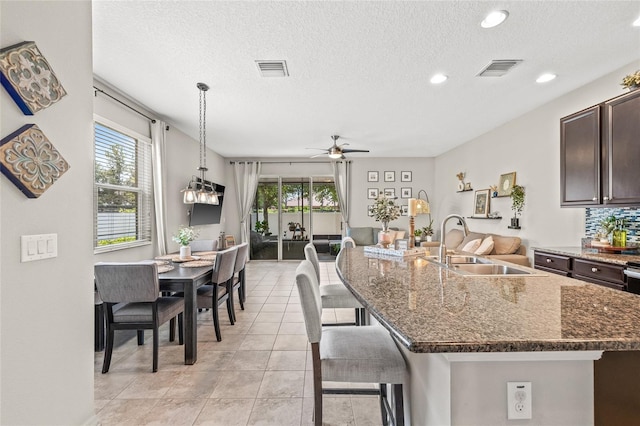 6974 Holly Heath Dr, Riverview, FL 33578 - kitchen with a sink, ceiling fan, dark brown cabinetry, a textured ceiling, and healthy amount of natural light