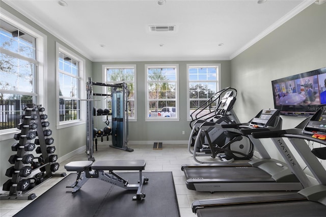 6974 Holly Heath Dr, Riverview, FL 33578 - gym with plenty of natural light, ornamental molding, and baseboards