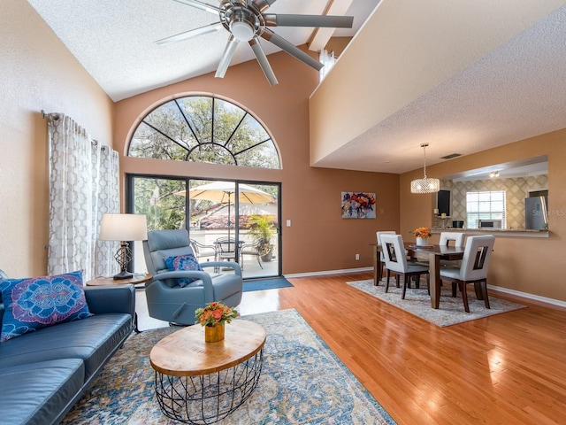 3455 Countryside Blvd Unit 101, Clearwater, FL 33761 - living area with wood finished floors, a ceiling fan, a textured ceiling, healthy amount of natural light, and baseboards