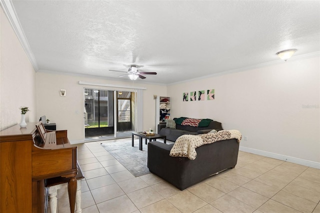 4032 Cortez Dr Unit A, Tampa, FL 33614 - living area with a textured ceiling, a ceiling fan, ornamental molding, and light tile patterned flooring