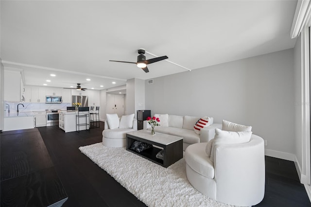 100 Oakmont Ln Unit 802, Belleair, FL 33756 - living area with a ceiling fan, recessed lighting, dark wood finished floors, and baseboards