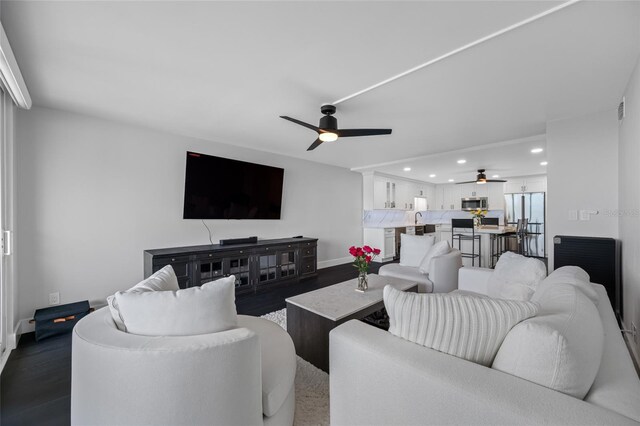 100 Oakmont Ln Unit 802, Belleair, FL 33756 - living room with a ceiling fan, recessed lighting, dark wood-style floors, and baseboards