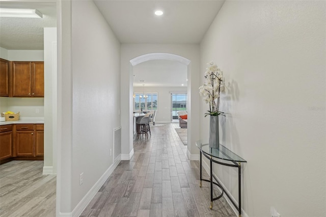 19183 Coastal Shore Ter, Land O Lakes, FL 34638 - hall with light wood-type flooring, arched walkways, and baseboards
