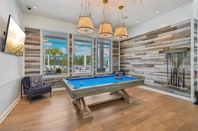 19183 Coastal Shore Ter, Land O Lakes, FL 34638 - playroom featuring wooden walls, wood finished floors, baseboards, billiards table, and recessed lighting