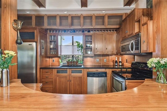 3112 W Wallcraft Ave, Tampa, FL 33611 - kitchen with appliances with stainless steel finishes, a sink, glass insert cabinets, and butcher block counters
