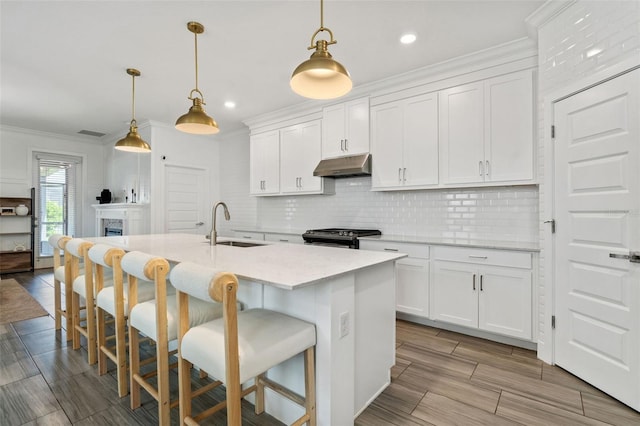 4345 Cadence Loop, Land O Lakes, FL 34638 - kitchen with under cabinet range hood, stainless steel gas range oven, tasteful backsplash, white cabinetry, and ornamental molding