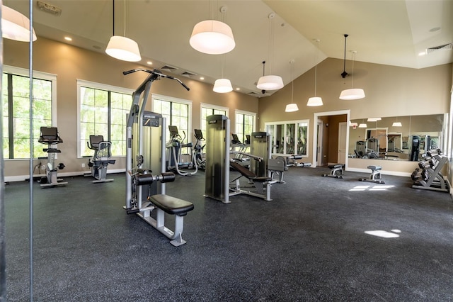 4345 Cadence Loop, Land O Lakes, FL 34638 - exercise room featuring high vaulted ceiling, recessed lighting, and baseboards