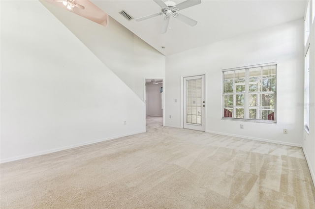 1624 Lullwater Ln, Lutz, FL 33549 - unfurnished room featuring a ceiling fan, high vaulted ceiling, carpet, and baseboards