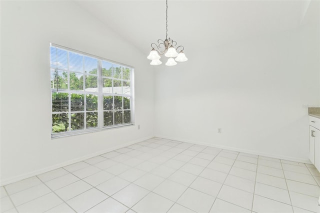 1624 Lullwater Ln, Lutz, FL 33549 - unfurnished dining area featuring a chandelier, lofted ceiling, baseboards, and light tile patterned floors