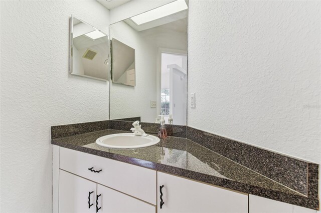 1624 Lullwater Ln, Lutz, FL 33549 - bathroom with a textured wall, vanity, and a skylight