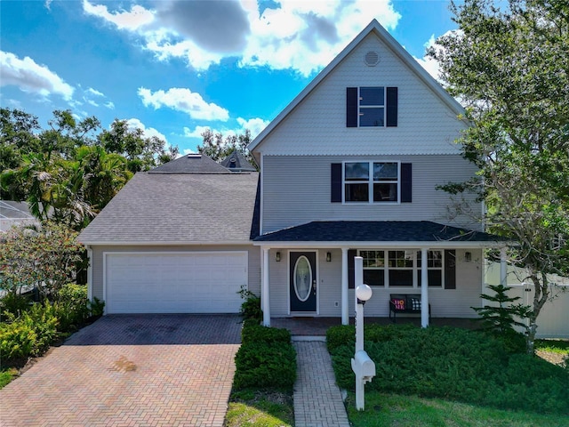 2311 64th Street Ct W, Bradenton, FL 34209 - traditional home featuring decorative driveway, a garage, covered porch, and a shingled roof