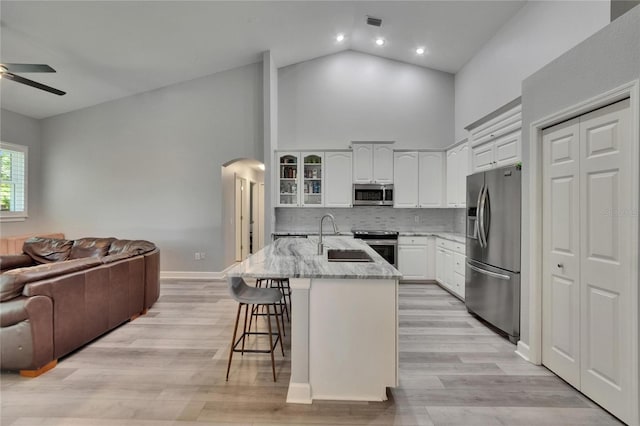 16367 Ashington Park Dr, Tampa, FL 33647 - kitchen with appliances with stainless steel finishes, open floor plan, arched walkways, high vaulted ceiling, and a sink