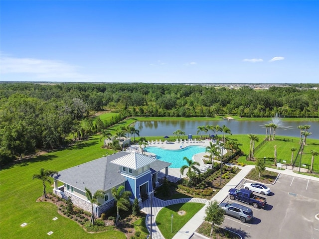 12517 Nantahala Run, Parrish, FL 34219 - drone / aerial view of a nearby body of water, a pool area, and a forest