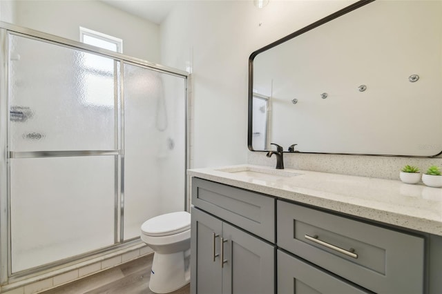105 1st Ave SE, Lutz, FL 33549 - bathroom with toilet, a stall shower, vanity, and wood finished floors