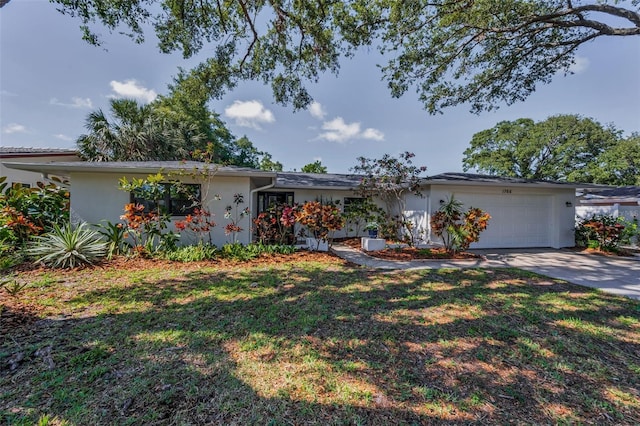 1766 Hitching Post Ln, Dunedin, FL 34698 - ranch-style home with a garage, stucco siding, a front lawn, and concrete driveway