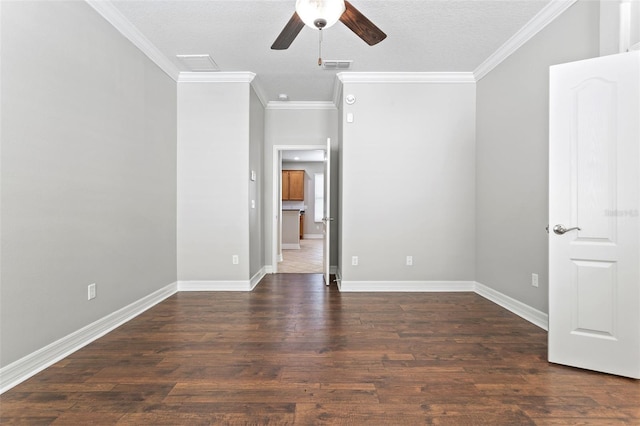 7725 Tangle Rush Dr, Gibsonton, FL 33534 - empty room with a ceiling fan, wood finished floors, ornamental molding, baseboards, and a textured ceiling