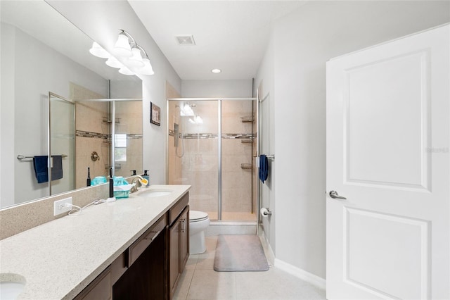 12353 Bayou Flats Ln, Tampa, FL 33635 - bathroom with double vanity, toilet, a stall shower, tile patterned flooring, and baseboards