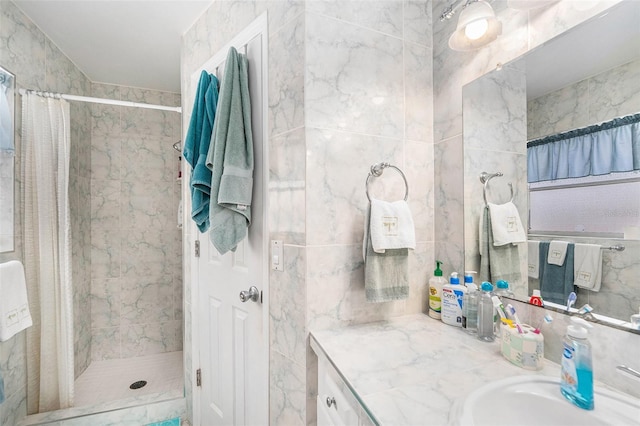 10400 112th Way, Largo, FL 33778 - full bath featuring vanity, a shower stall, and tile walls