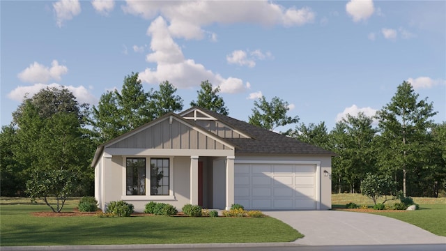 11757 E 74th Cir, Palmetto, FL 34221 - view of front of property with driveway, an attached garage, a front lawn, board and batten siding, and stucco siding