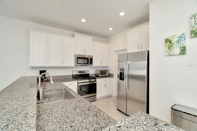 3228 Bryant Park Dr, New Port Richey, FL 34655 - kitchen with appliances with stainless steel finishes, a sink, white cabinets, and recessed lighting