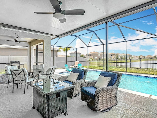 1022 Montgomery Bell Rd, Wesley Chapel, FL 33543 - fenced backyard featuring a ceiling fan, a water view, a residential view, and a patio