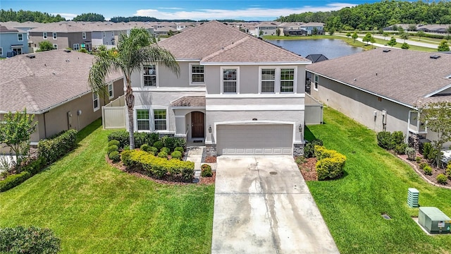 1022 Montgomery Bell Rd, Wesley Chapel, FL 33543 - traditional home featuring stucco siding, driveway, an attached garage, a residential view, and a front lawn