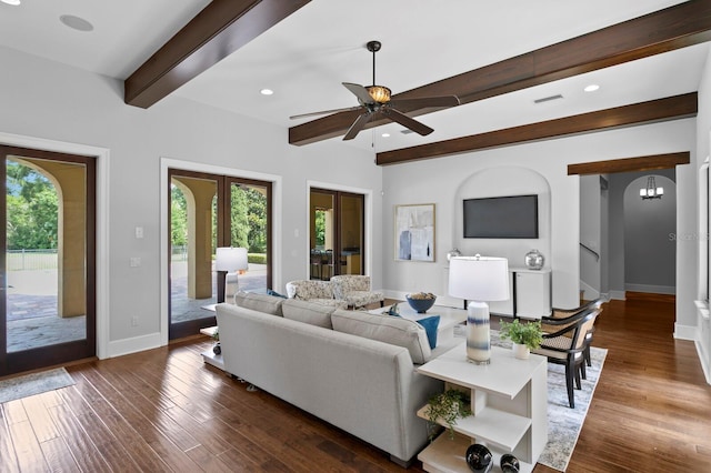 7713 Still Lakes Dr, Odessa, FL 33556 - living room with beamed ceiling, baseboards, ceiling fan, wood finished floors, and recessed lighting