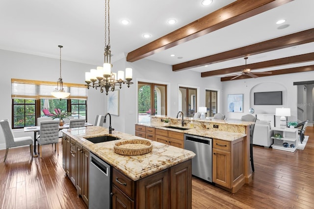7713 Still Lakes Dr, Odessa, FL 33556 - kitchen with a sink, stainless steel dishwasher, a spacious island, beam ceiling, and recessed lighting