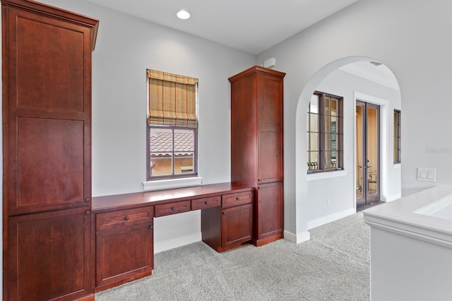 7713 Still Lakes Dr, Odessa, FL 33556 - unfurnished office with light carpet, healthy amount of natural light, arched walkways, baseboards, and recessed lighting