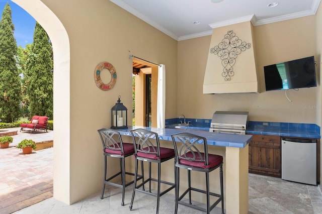 7713 Still Lakes Dr, Odessa, FL 33556 - kitchen featuring fridge, tile counters, a sink, a kitchen bar, and ornamental molding