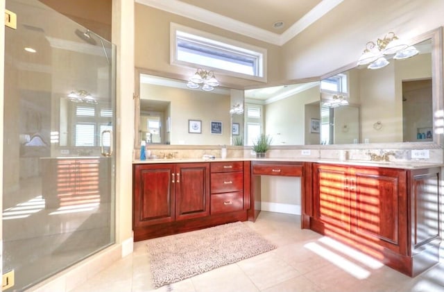 514 Harbor Dr N, Indian Rocks Beach, FL 33785 - full bathroom featuring ornamental molding, double vanity, a stall shower, tile patterned flooring, and a chandelier