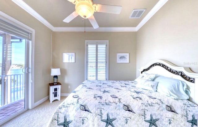 514 Harbor Dr N, Indian Rocks Beach, FL 33785 - carpeted bedroom featuring access to outside, multiple windows, ornamental molding, ceiling fan, and baseboards