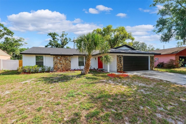 622 Cedar Grove Dr, Brandon, FL 33511 - ranch-style home with an attached garage, stone siding, driveway, and stucco siding