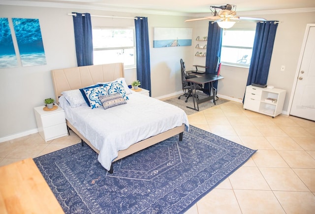 489 Fox Run Trl, Apollo Beach, FL 33572 - bedroom with ornamental molding, tile patterned floors, multiple windows, baseboards, and ceiling fan