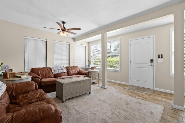 7304 Lakeside Blvd, Tampa, FL 33614 - living room featuring a ceiling fan, light wood-style floors, and baseboards