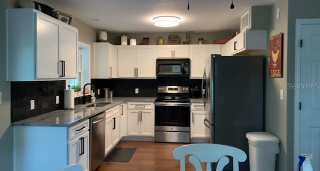 7152 Sandy Ln, Wesley Chapel, FL 33544 - kitchen featuring appliances with stainless steel finishes, a sink, stone countertops, white cabinets, and tasteful backsplash