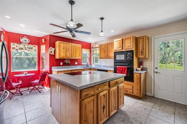 1611 County Road 753s, Webster, FL 33597 - kitchen with black appliances, plenty of natural light, light tile patterned floors, a textured ceiling, and recessed lighting