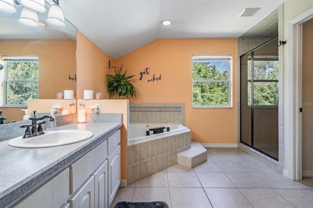 1611 County Road 753s, Webster, FL 33597 - bathroom featuring vanity, a garden tub, a stall shower, baseboards, and lofted ceiling