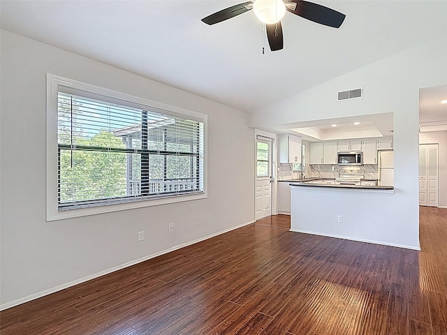 507 E Curlew Pl, Tarpon Springs, FL 34689 - unfurnished living room with dark wood finished floors, a ceiling fan, baseboards, vaulted ceiling, and recessed lighting