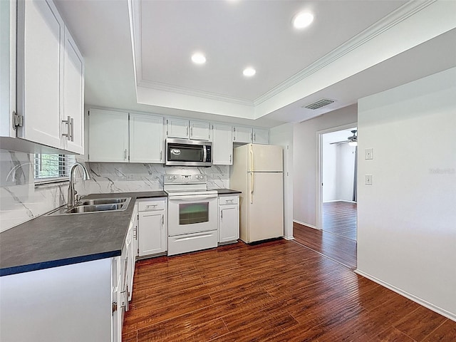 507 E Curlew Pl, Tarpon Springs, FL 34689 - kitchen with white appliances, a sink, a tray ceiling, dark countertops, and crown molding